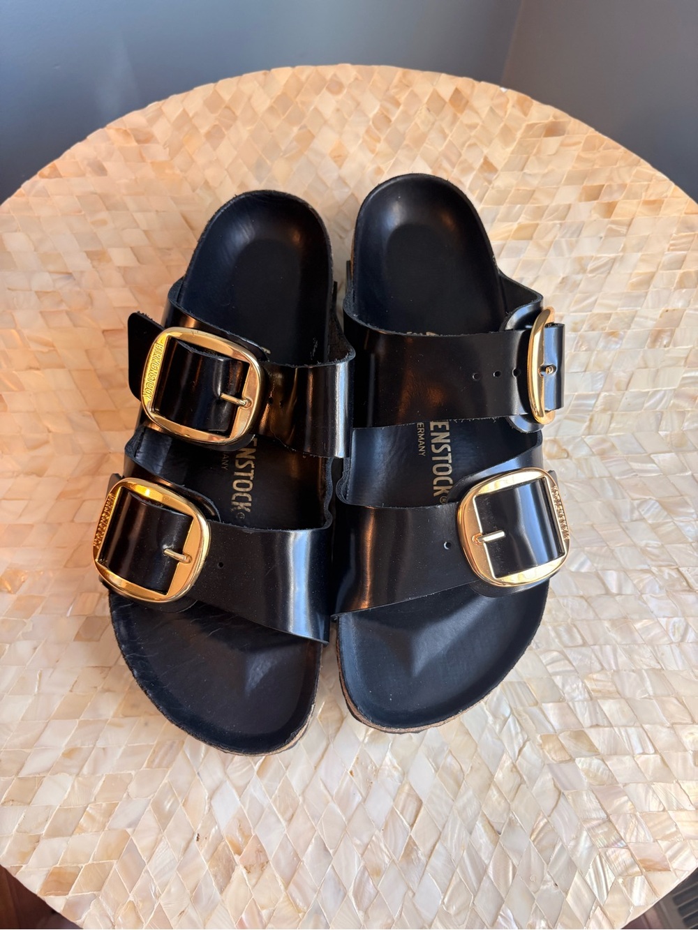 Birkenstock Black Patent Two-Strap Sandals with Gold Buckles - Picture 4 of 4